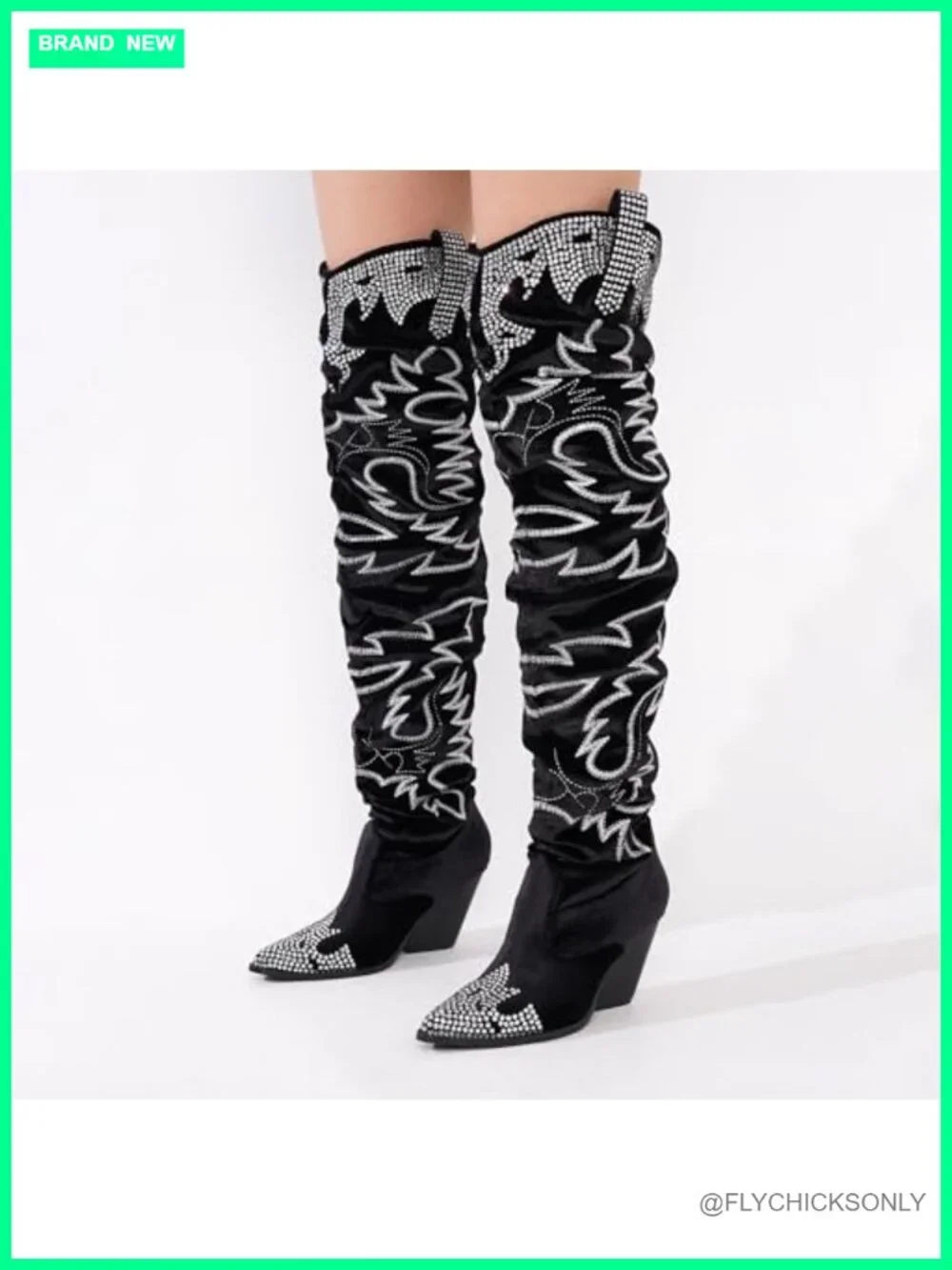 Rhinestone Embroidered Velvet Thigh High Slouchy Wide Calf Pull On Over the